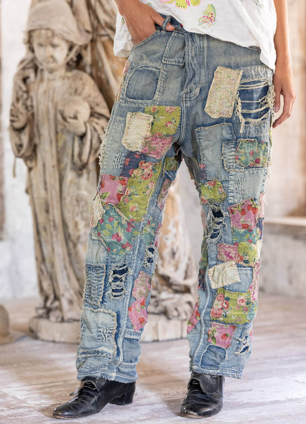 Magnolia Pearl Heavily Patched Miner Denims