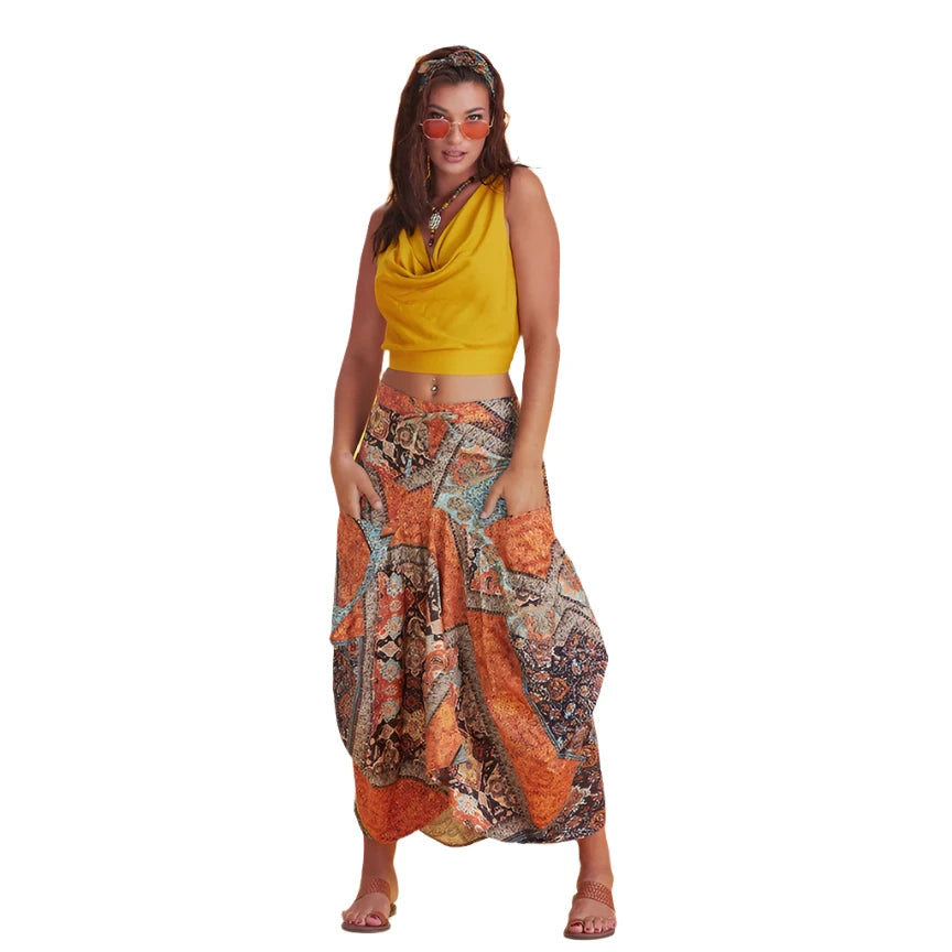 Gypsy Style Elastic Waist Oversize Pockets Skirt -Katze Boutique