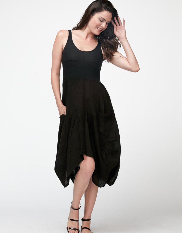 INIZIO ITALY Linen  Sleeveless Magic Black Dress -Katze Boutique