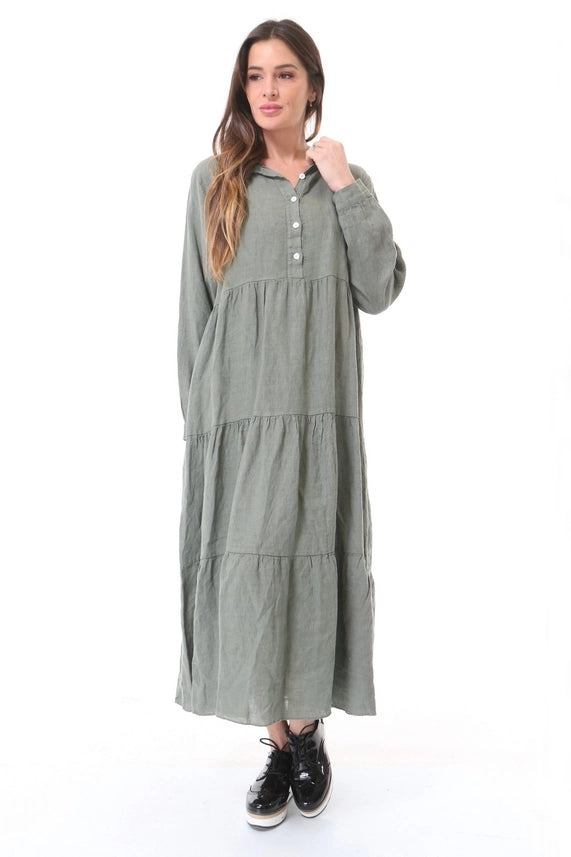 Long Sleeves Tiered Maxi Linen Dress-Katze Boutique