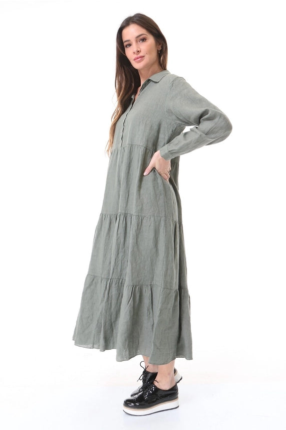 Long Sleeves Tiered Maxi Linen Dress