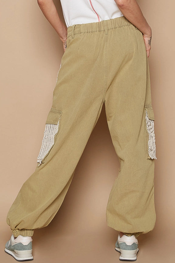 Vintage Wash Crochet Patches Distress Jogger Pants -Katze Boutique