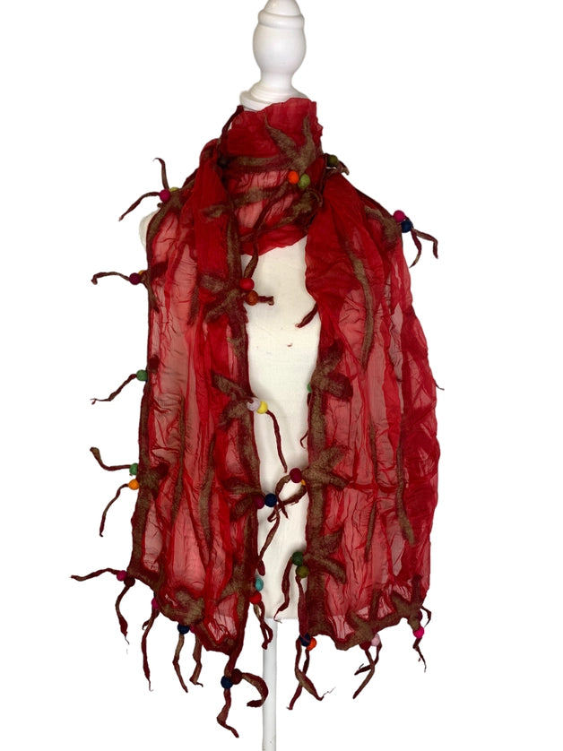 Wearable Art Nuno Felt Wool Red Scarf -Katze Boutique