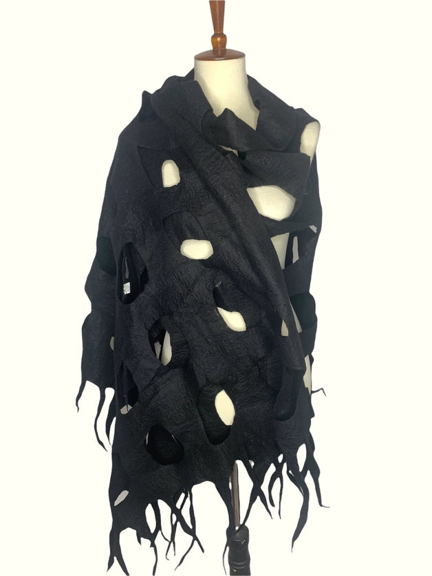 Wearable Art Felted Wool Windowpane Scarf Shawl Wrap-Katze Boutique