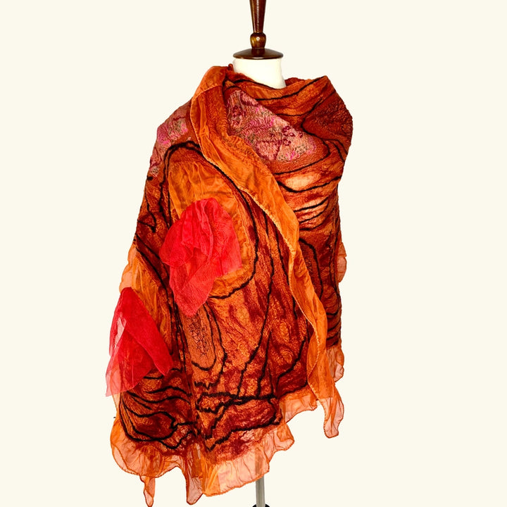 Wearable Art Nuno Felt Wool Orange Wrap Shawl Scarf -Katze Boutique