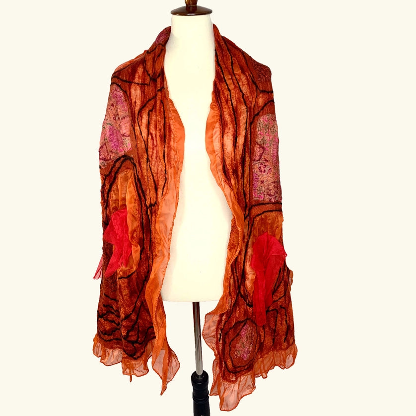 Wearable Art Nuno Felt Wool Orange Wrap Shawl Scarf -Katze Boutique