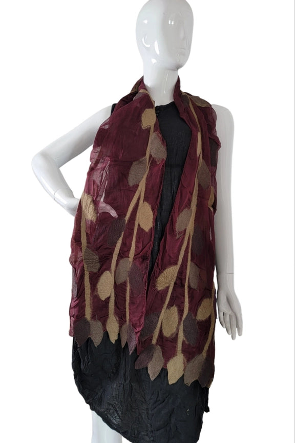 Wool Felt & Silk Scarf Leaves-Katze Boutique