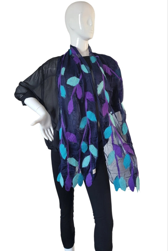 Wool Felt & Silk Scarf Leaves-Katze Boutique