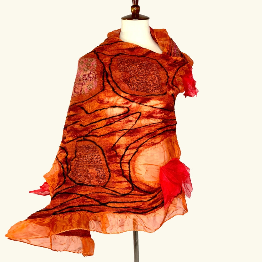 Wearable Art Nuno Felt Wool Orange Wrap Shawl Scarf -Katze Boutique