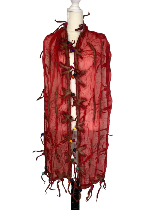 Wearable Art Nuno Felt Wool Red Scarf -Katze Boutique